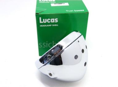 Lucas 7" Inch Headlamp Shell c/w Rim/ Chrome/ 3 Warning Lights/ 1 Switch/ 1 Grommet Hole