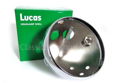 Lucas 7" Inch Headlamp Shell c/w Rim/ Chrome/ 3 Warning Lights/ 1 Switch/ 3 Grommet Holes